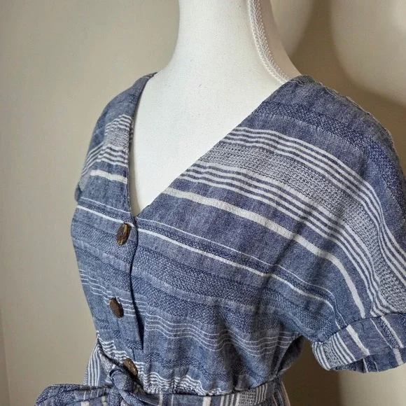 Carve Designs Blue White Striped Linen Cotton Button Front Belted Dress Medium - Picture 3 of 6